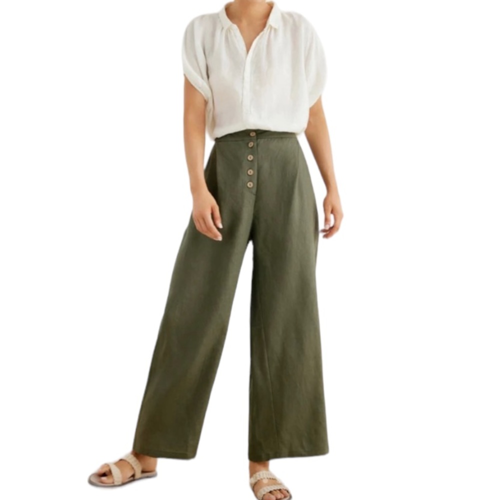 Grae Cove Olive Green Thalia Button Front Wide Leg Linen Casual Pants Size Small